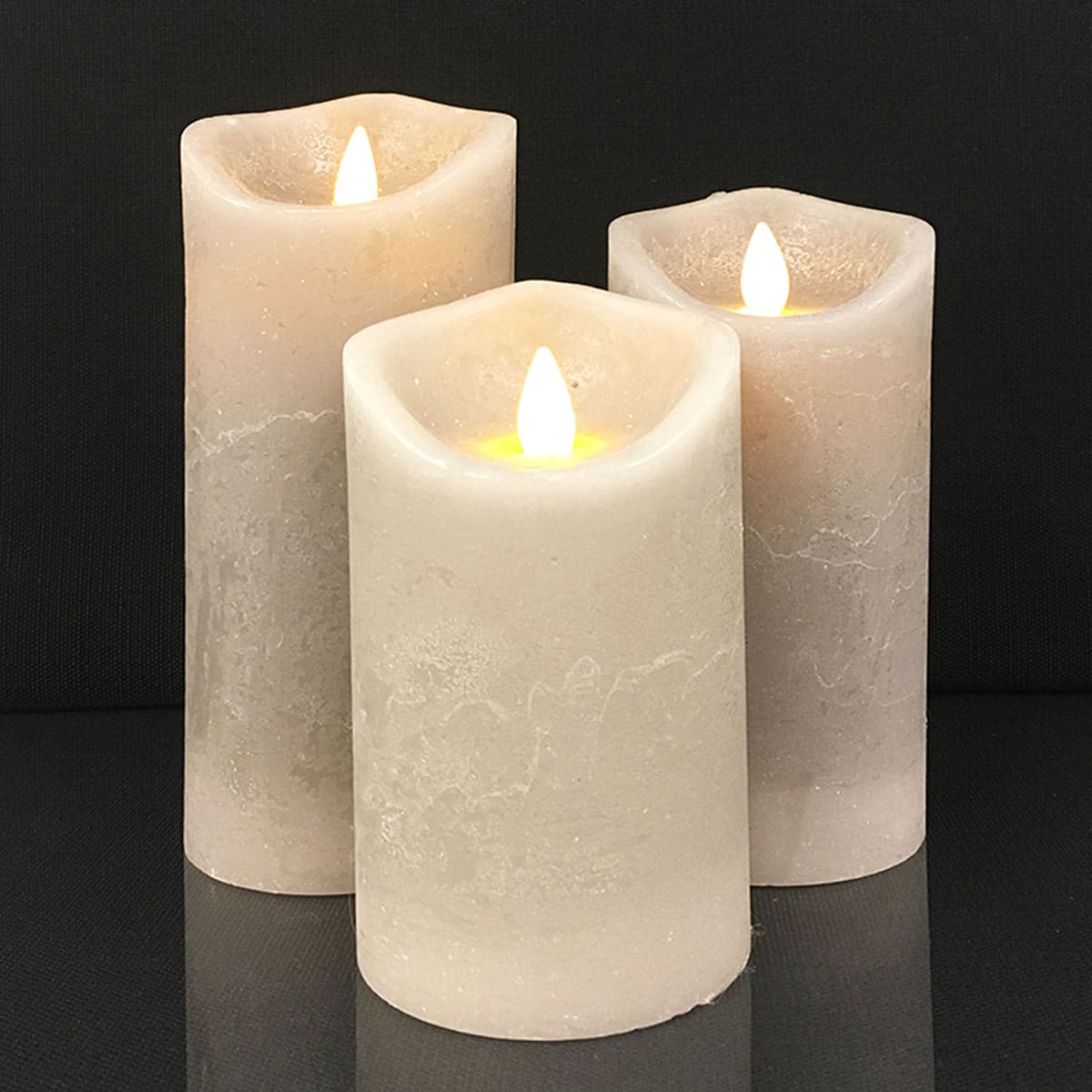 Rustic LED Pillar Candles with 3D Flame - Set of 3