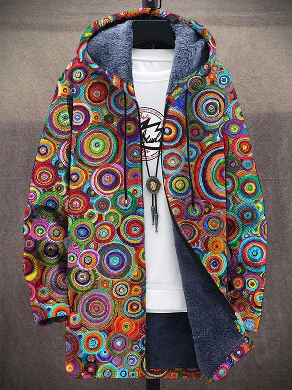 Unisex Lined Zip-Up Psychedelic Circle-Print Hooded Jacket
