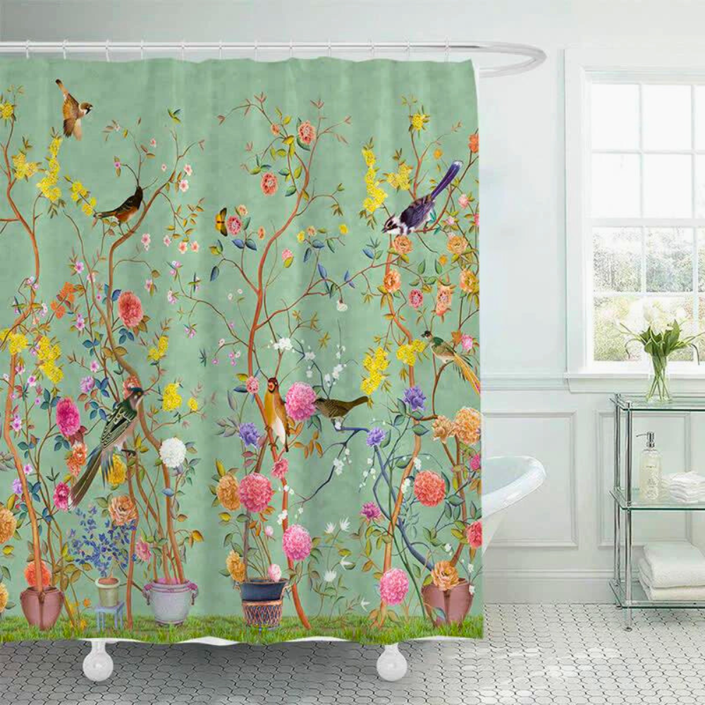 Waterproof Bathroom Shower Curtain with Flower and Bird Print