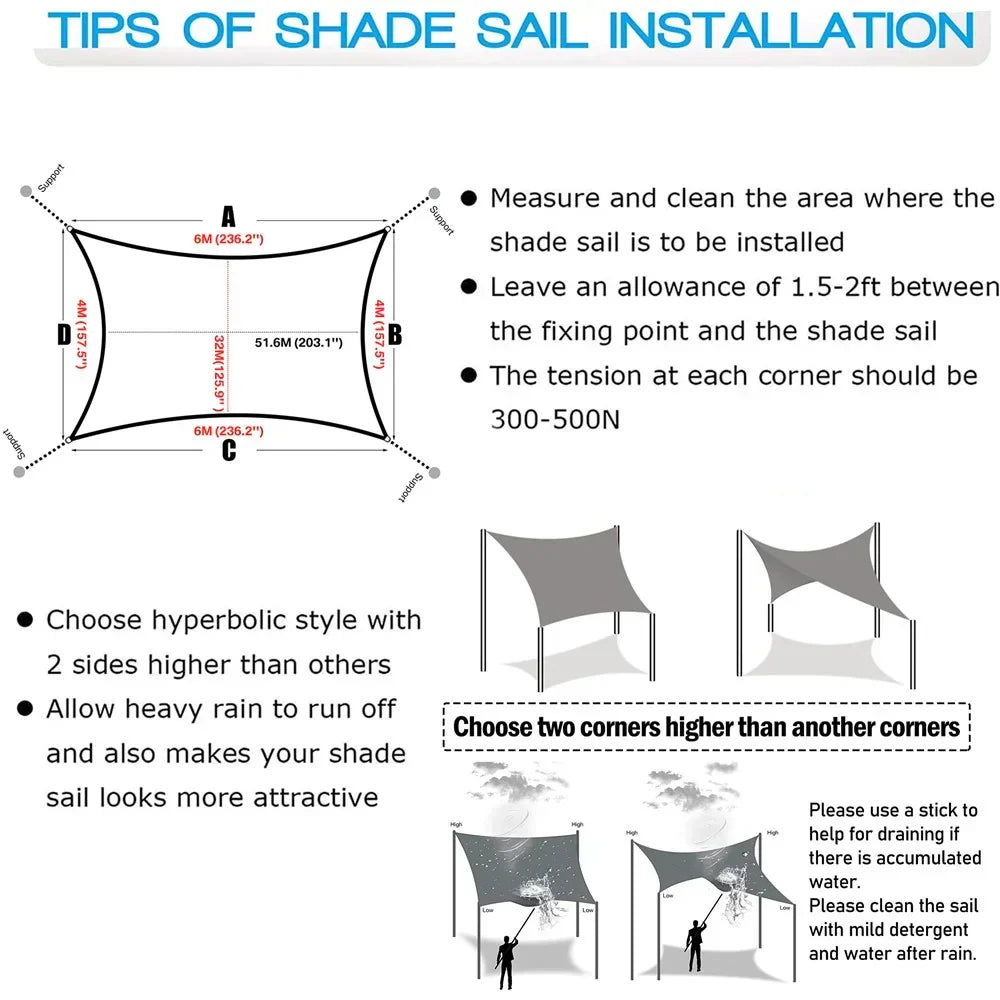 Waterproof Rectangular Sun Shade Sail with UV Protection and Mounting Hardware Kit