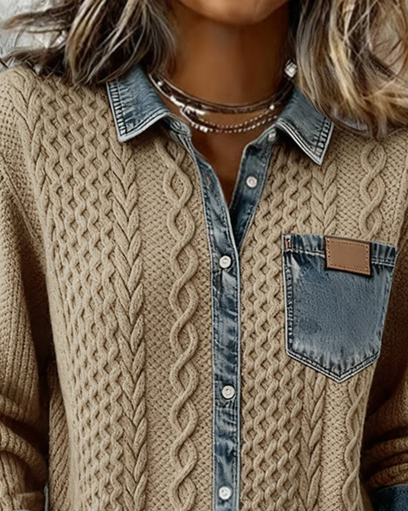 Women's Cable- Patchwork Button-Down Shirt
