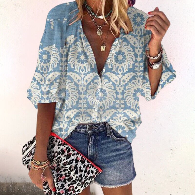 Women's Floral V-Neck Short-Sleeve Button-Front Blouse