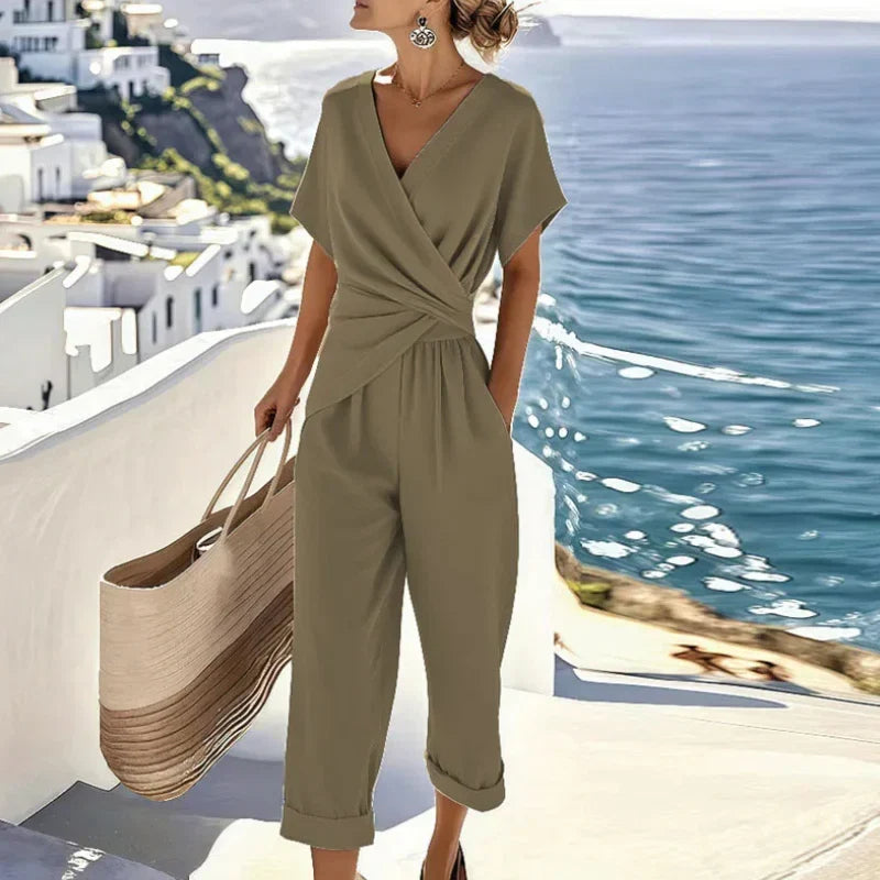 Women's Jumpsuit with Waist Accent & Elegant Wrap Front