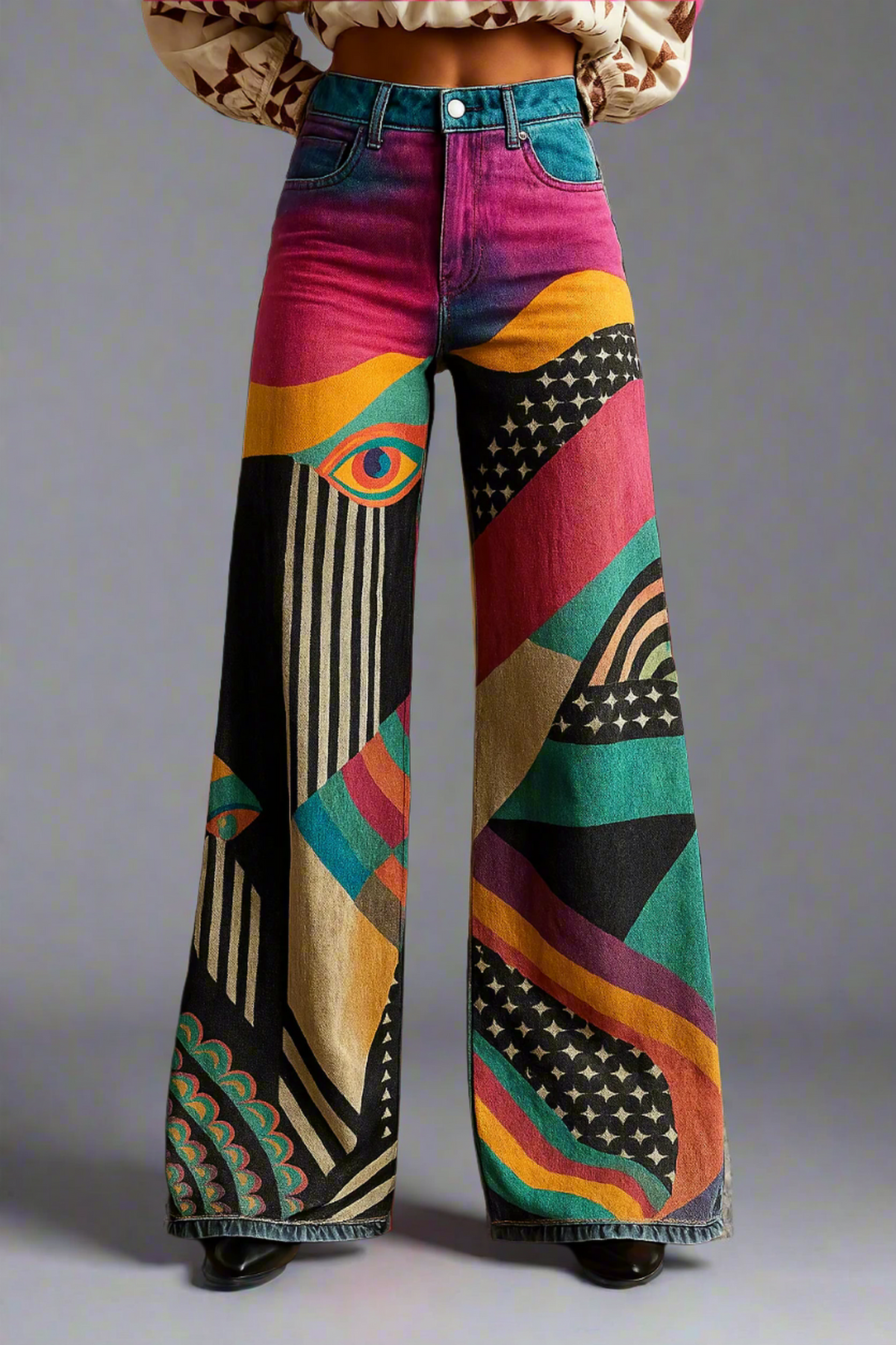 Women's Wide-Leg Pants with Graphic Print for Autumn Parties & Christmas Dinners