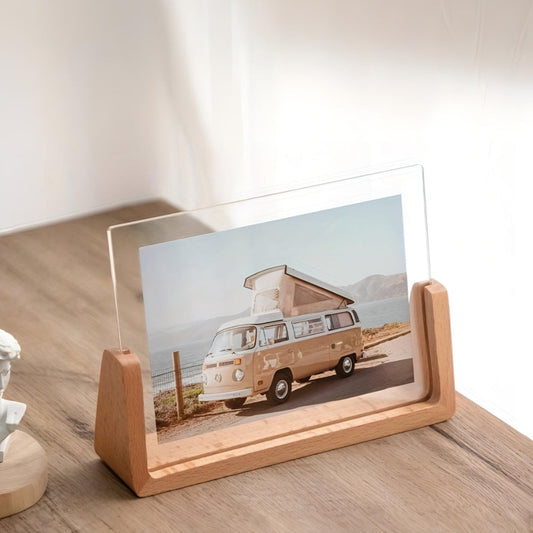 Acrylic Tabletop Photo Frame with U-Shaped Wooden Stand