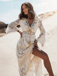 Bohemian Maxi Dress with Flared Sleeves