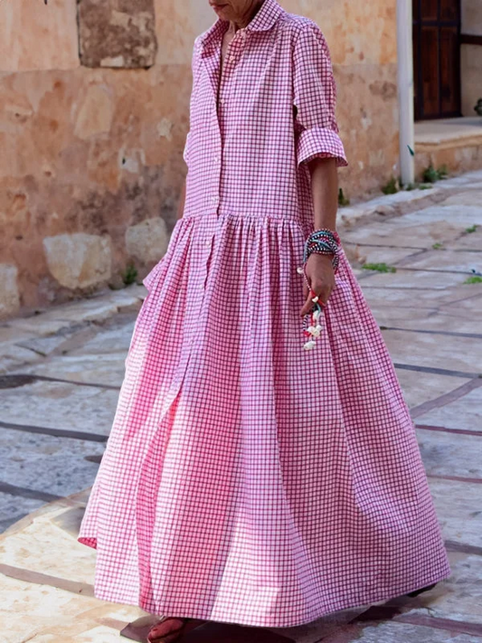 Casual Plaid Long-Sleeved Swing Dress