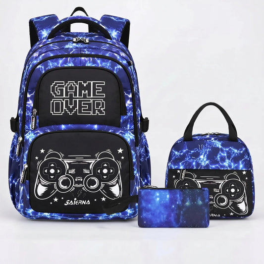 Complete 3-Piece School Bag Set with Gaming Print
