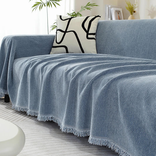 Cozy Herringbone Chenille Sofa Throw Cover with Fringe
