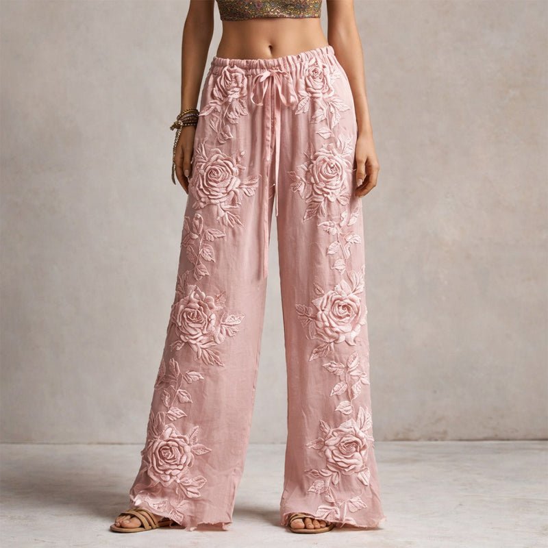 Floral Embroidered Drawstring Wide-Leg Pants