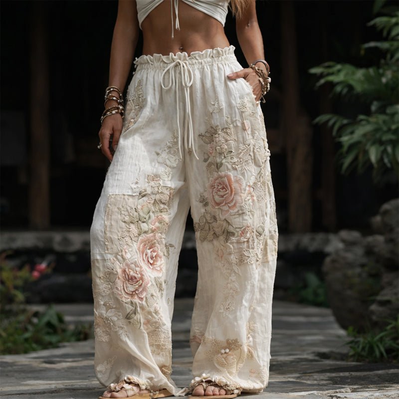 Floral Embroidered Drawstring Wide-Leg Pants