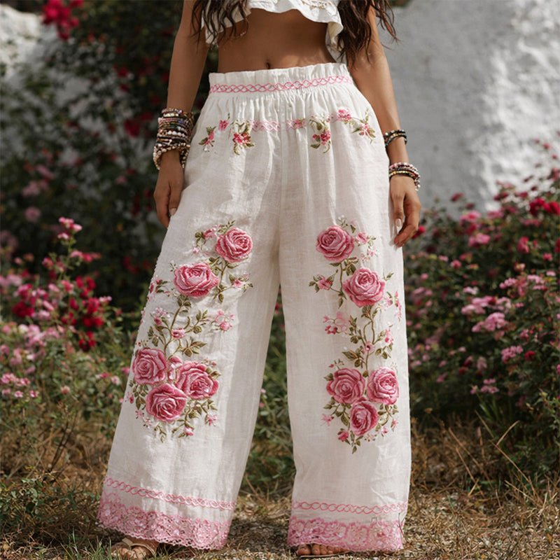 Floral Embroidered Drawstring Wide-Leg Pants