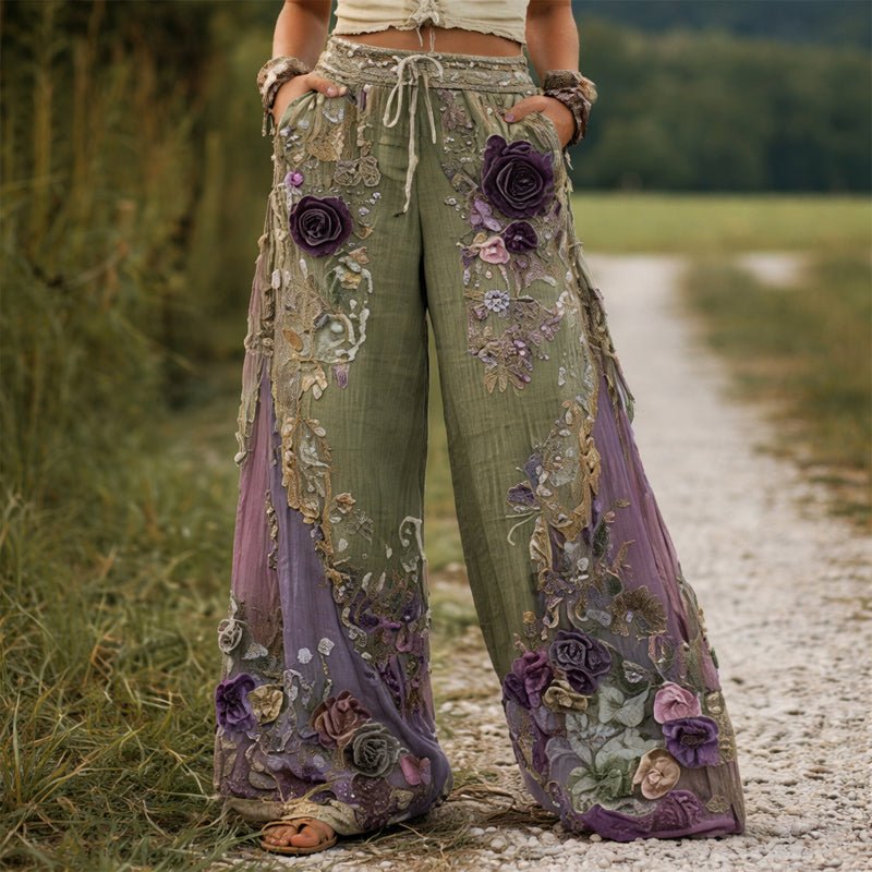 Floral Embroidered Drawstring Wide-Leg Pants