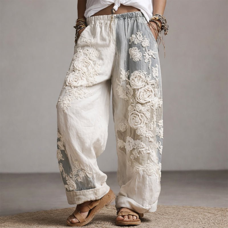 Floral Embroidered Drawstring Wide-Leg Pants