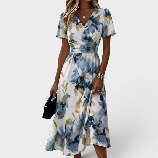 Floral Midi Dress with Gathered Waist and Gold Accents