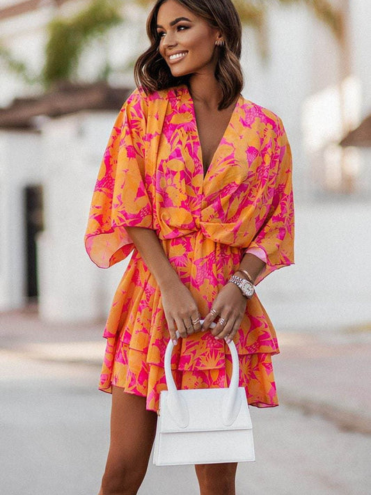 Flowy V-Neck Mini Summer Dress - Bohemian Chic
