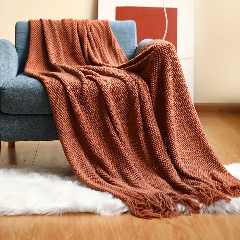 Knitted Throw Blanket with Tassels - Lightweight Bubble Texture Blanket for Bed and Sofa
