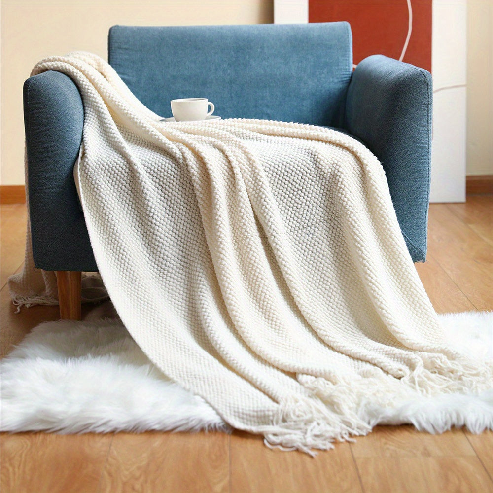 Knitted Throw Blanket with Tassels - Lightweight Bubble Texture Blanket for Bed and Sofa