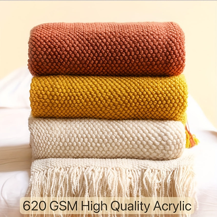 Knitted Throw Blanket with Tassels - Lightweight Bubble Texture Blanket for Bed and Sofa
