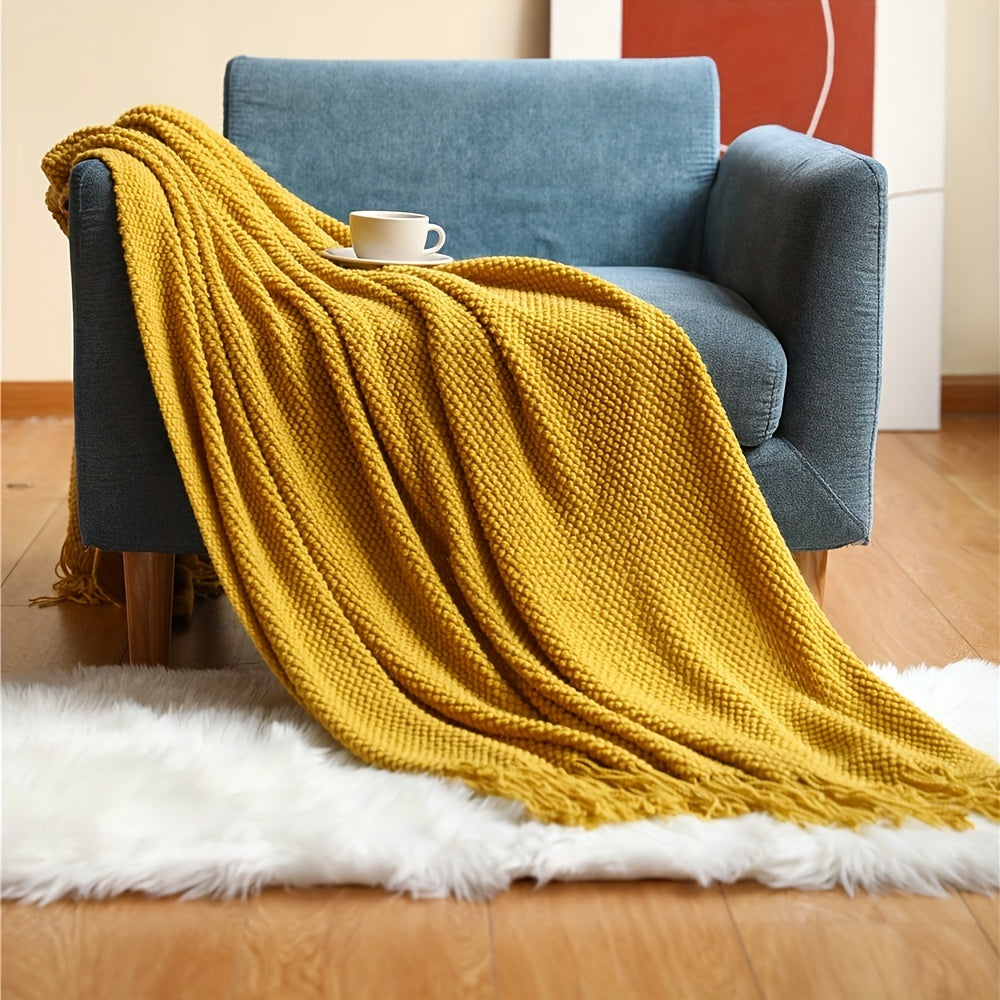 Knitted Throw Blanket with Tassels - Lightweight Bubble Texture Blanket for Bed and Sofa