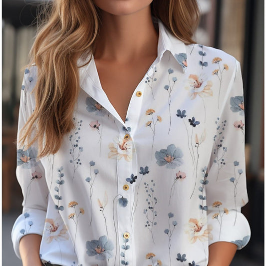 Loose Long-Sleeve Floral Button-Down Blouse