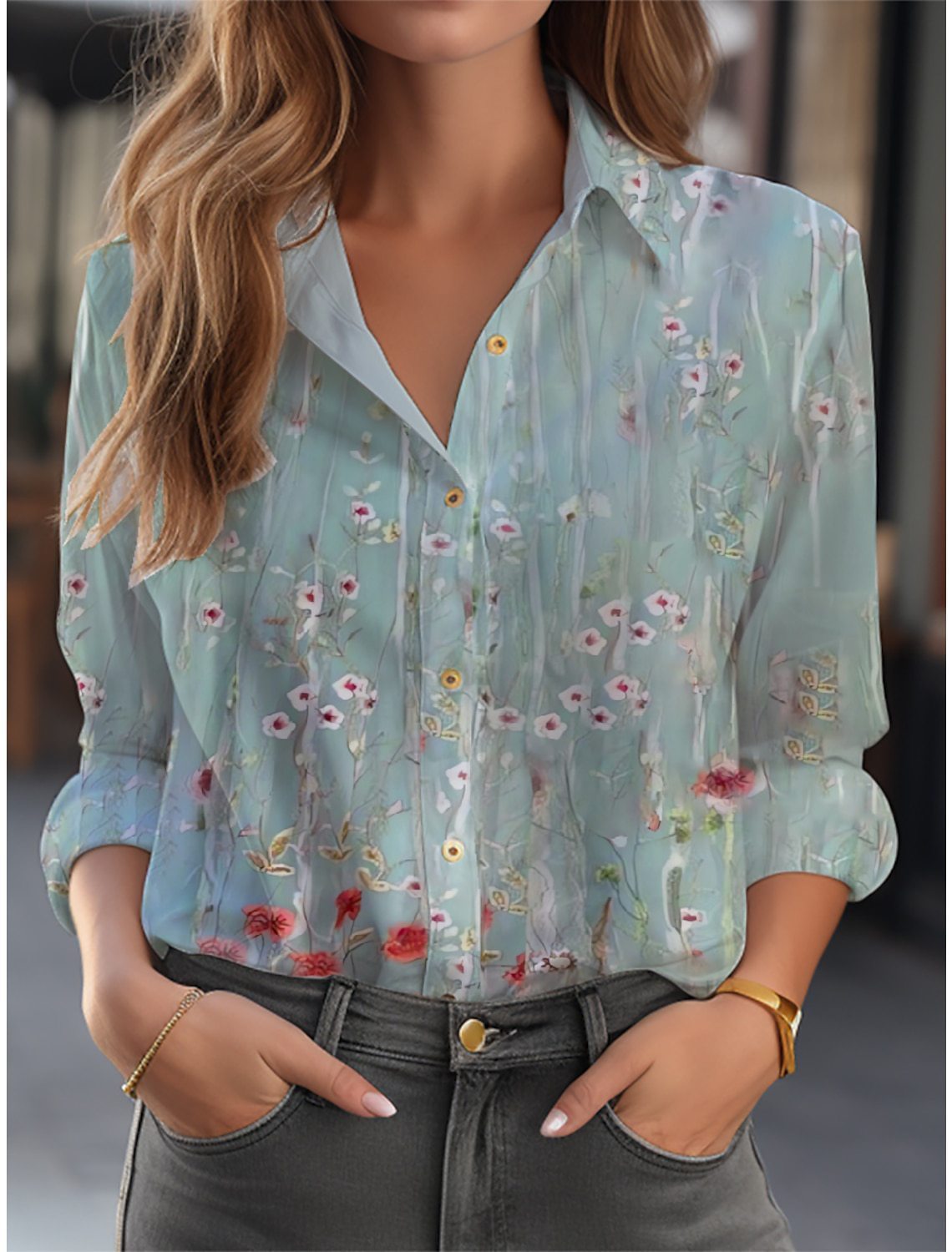 Loose Long-Sleeve Floral Button-Down Blouse