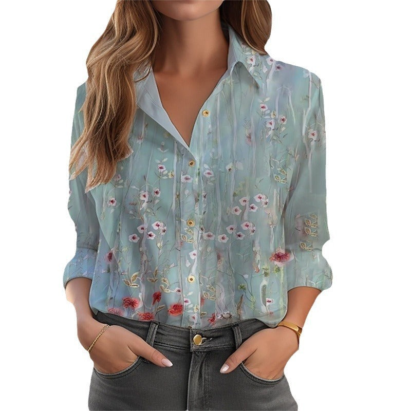 Loose Long-Sleeve Floral Button-Down Blouse