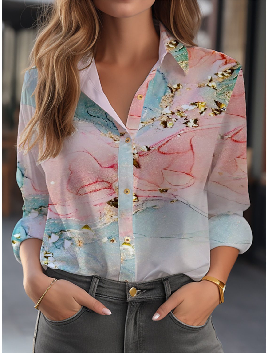 Loose Long-Sleeve Floral Button-Down Blouse