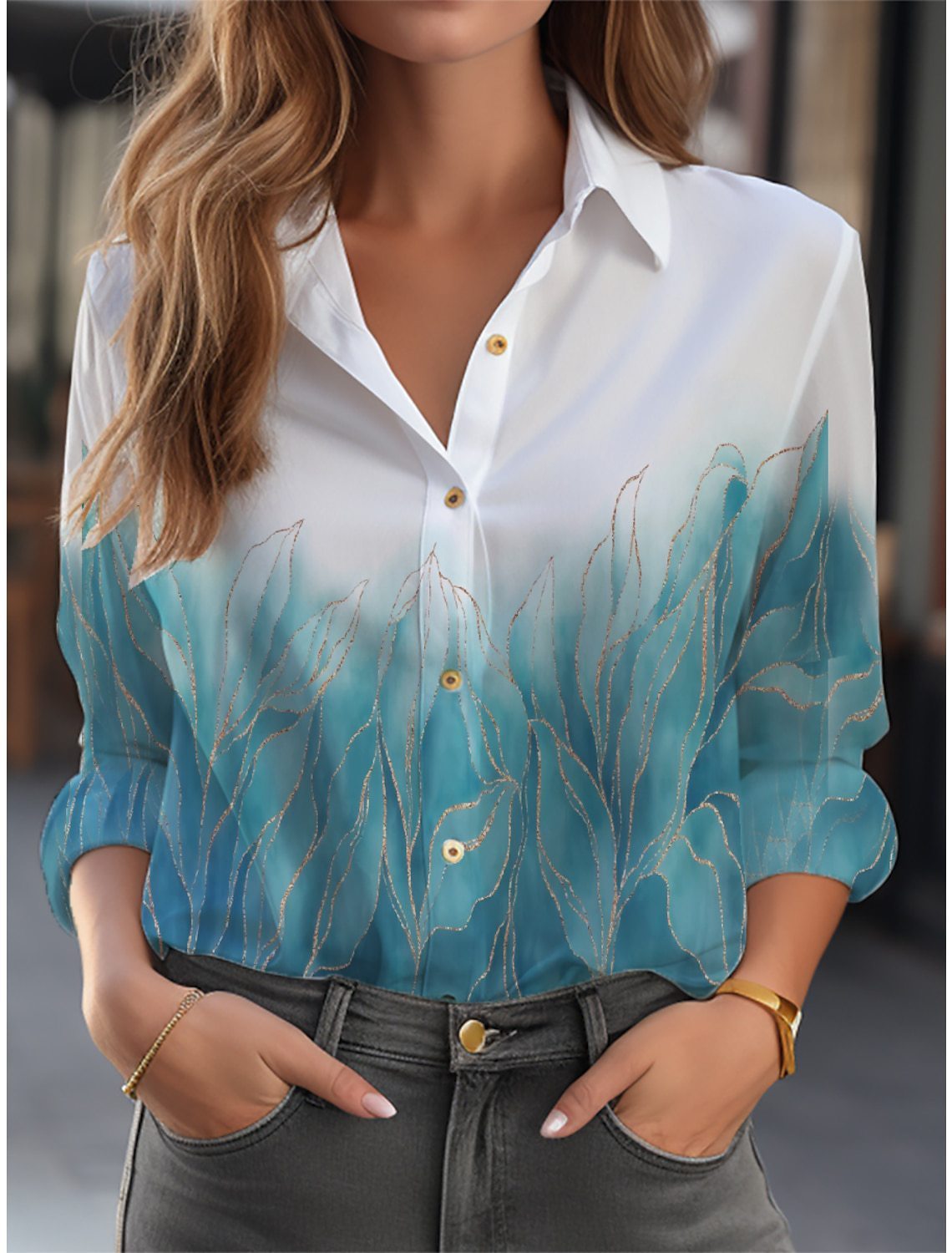 Loose Long-Sleeve Floral Button-Down Blouse