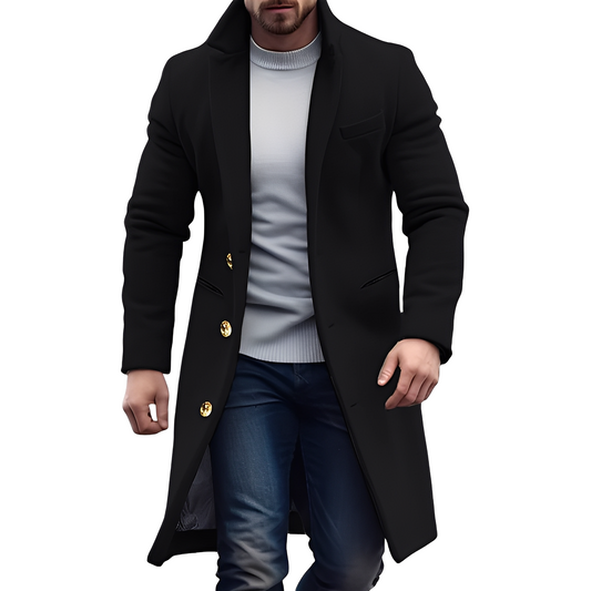 Men's Double-Breasted Long Coat with Notched Lapel