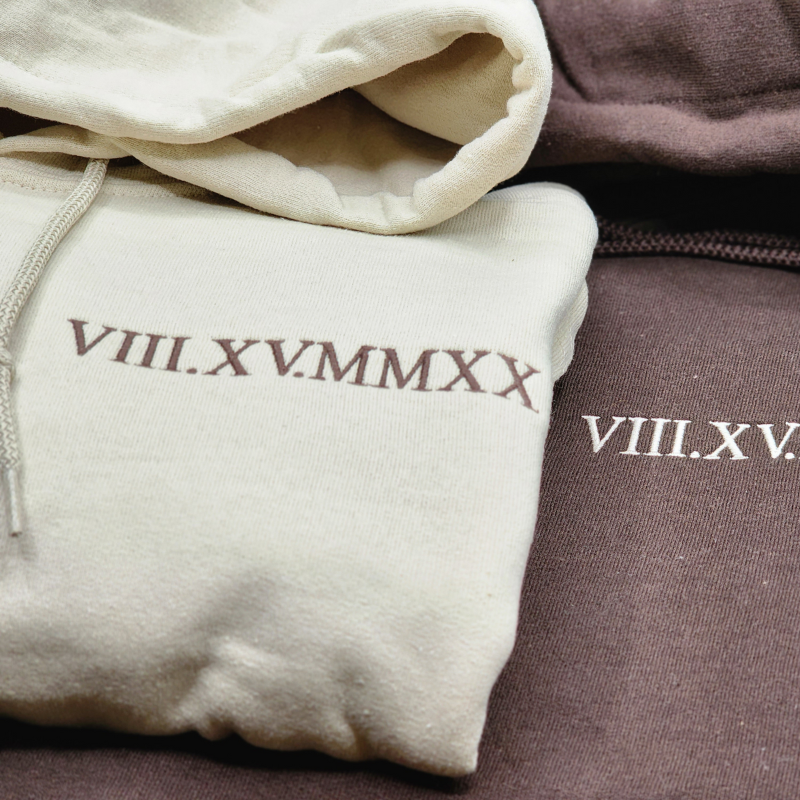 Personalised Matching Couples Hoodies with Roman Numeral Date