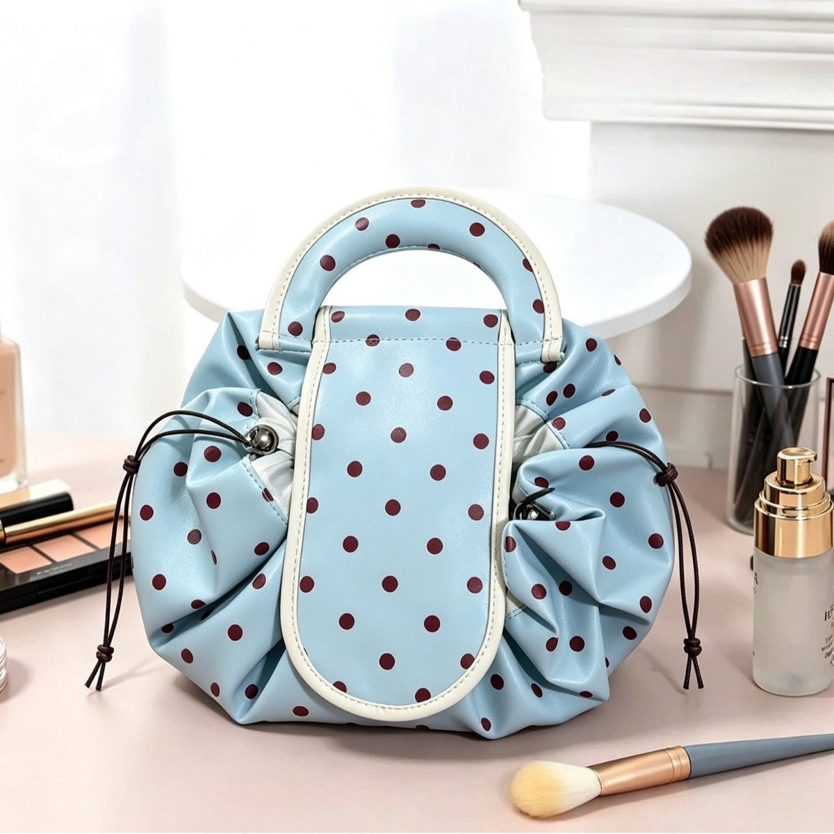 Polka Dot Toiletry Bag with Ruffle Details