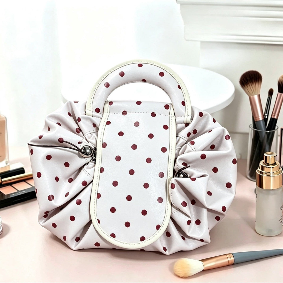 Polka Dot Toiletry Bag with Ruffle Details