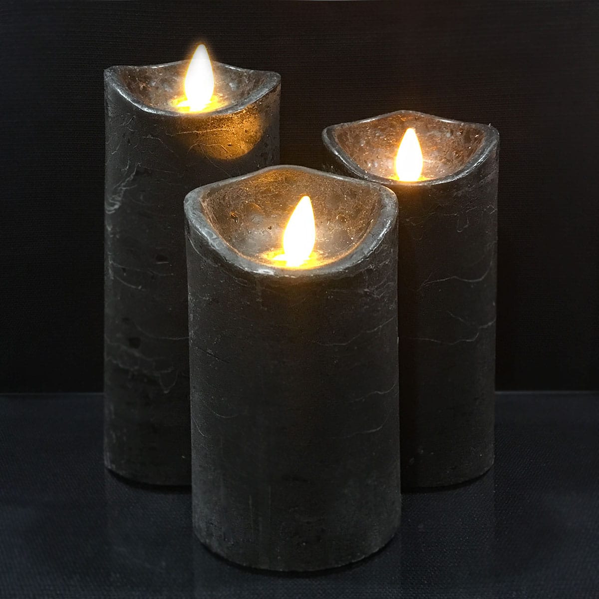 Rustic LED Pillar Candles with 3D Flame - Set of 3