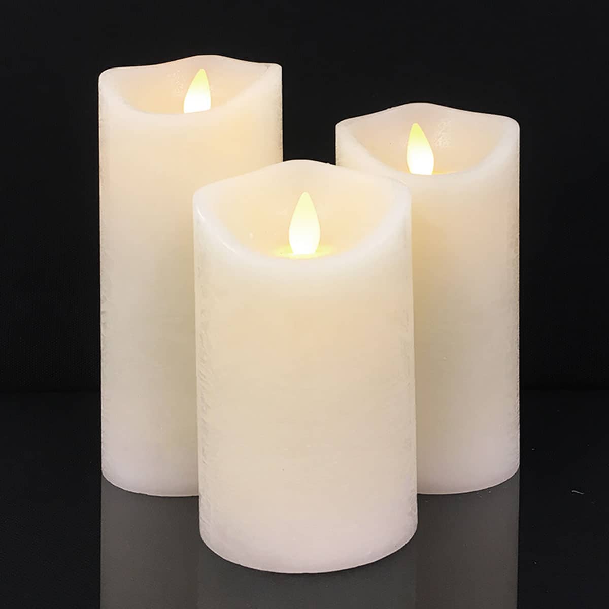 Rustic LED Pillar Candles with 3D Flame - Set of 3