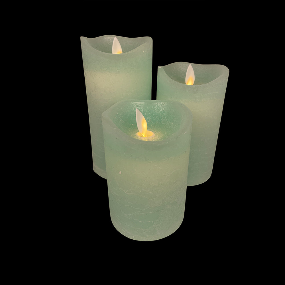 Rustic LED Pillar Candles with 3D Flame - Set of 3