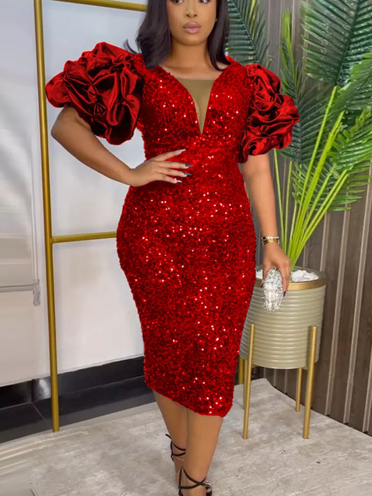 Shiny Puff-Sleeve Vintage Plus-Size Dress