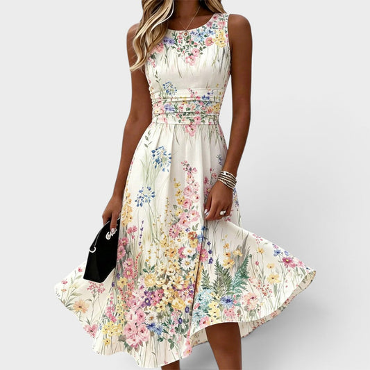 Sleeveless Floral Watercolor Print Drawstring Waist Midi Summer Wedding Guest Dress