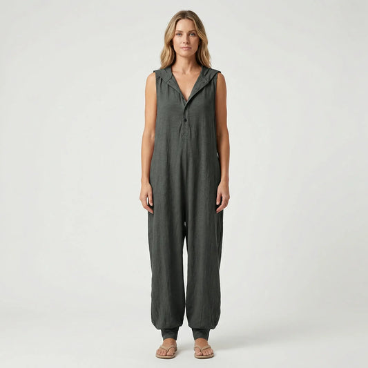 Sleeveless Hooded Button-Front Jumpsuit