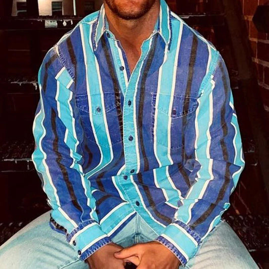 Vintage-Style Striped Long-Sleeve Button-Up Shirt