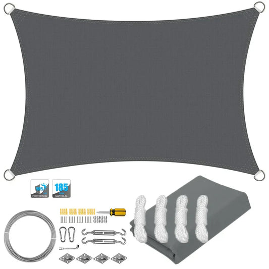 Waterproof Rectangular Sun Shade Sail with UV Protection and Mounting Hardware Kit