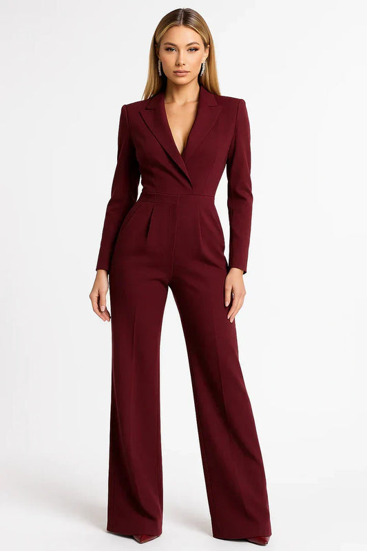 Wide-Leg Blazer Jumpsuit with V-Neckline