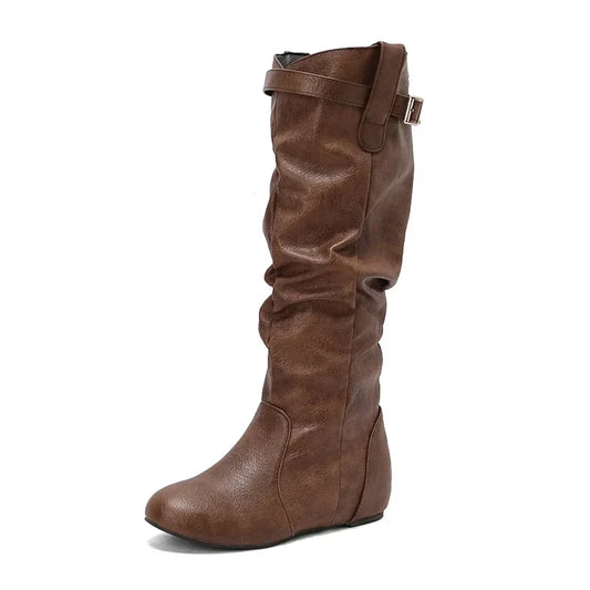 Women's Classic Loose Fit Knee-High Winter Boots - Wide Calf with Zipper and Buckle