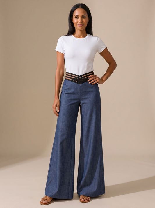 Women's High-Waist Wide-Leg Crossover Waistband Pants