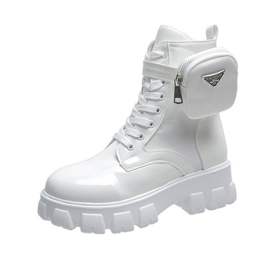 Women's Lace-Up Utility Mid-Calf Boots with Detachable Mini Pouch and Platform Lug Sole