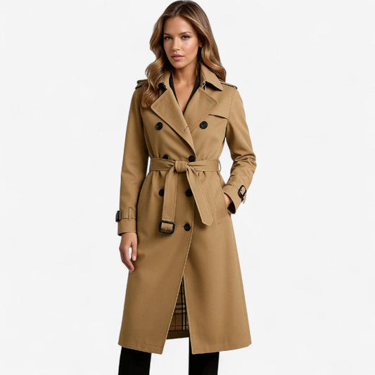 Women's Long Trench Coat with Belt and Long Sleeves