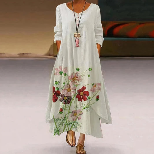 Women's Loose Floral Hem Long Sleeve Round Neck Boho Maxi Dress