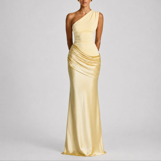 Women's One-Shoulder Draped Maxi Fall Wedding Guest Dress