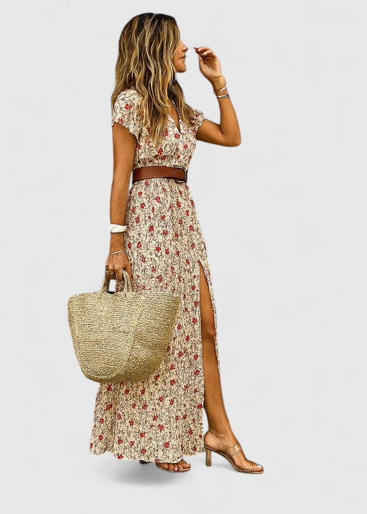 Women's Paisley V-Neck Short Sleeve Belted Boho Maxi Dress