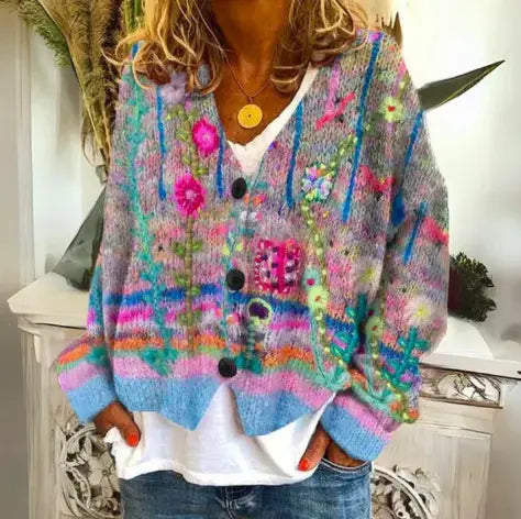 Women's Relaxed-Fit Cardigan with Floral Abstract Print
